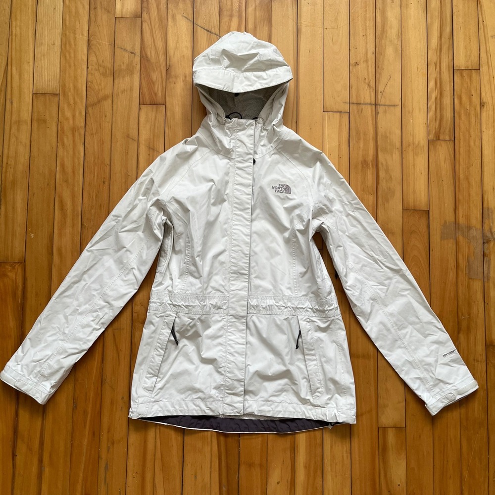 The North Face Hyvent Womens Medium Jacket White Hooded Lightweight Rain Coat